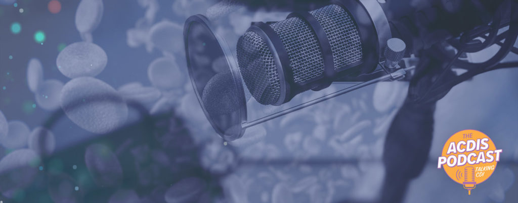 Blog banner image with podcast Microphone and red blood cells and ACDIS Podcast logo